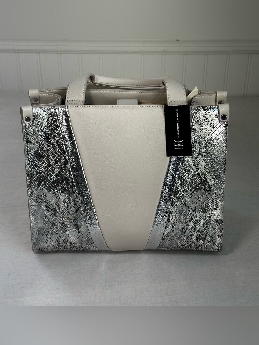 INC International Concepts Cream and Silver Snake-Print Tote NWT
